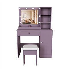 Purple Vanity Desk Set with Lighted Mirror & Padded Stool, Modern Makeup Vanity with 3 Color Modes & Round Bulbs, Bedroom Dressing Table Combo