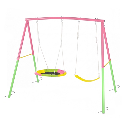 Swing Set for Backyard, 330lbs Swing Set with Heavy-Duty A-Frame Metal Outdoor Swing Stand, 1 Saucer Swing Seat & 1 Belt Swings Seat