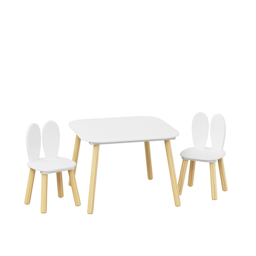 3-Piece Kids Wooden Table and Chair Set, Rabbit Ear Themed Toddler Activity Play Table with 2 Chairs, Solid Wood & MDF Children Furniture for Playroom