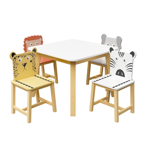 5-Piece Kids Wooden Table and Chair Set, Cartoon Animal Themed Toddler Table with 4 Chairs for Ages 3-8, Playroom Nursery Furniture