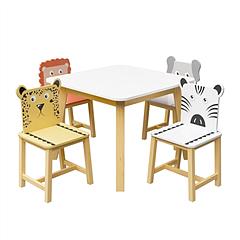 5-Piece Kids Wooden Table and Chair Set, Cartoon Animal Themed Toddler Table with 4 Chairs for Ages 3-8, Playroom Nursery Furniture 5-Piece Kids Wooden Table and Chair Set, Cartoon Animal Themed Toddler Table with 4 Chairs for Ages 3-8, Playroom Nursery Furniture