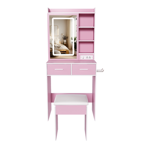 Vanity Desk Set with LED Lighted Mirror, Power Outlet & Hair Dryer Holder, Compact Makeup Vanity with Padded Stool for Small Bedrooms