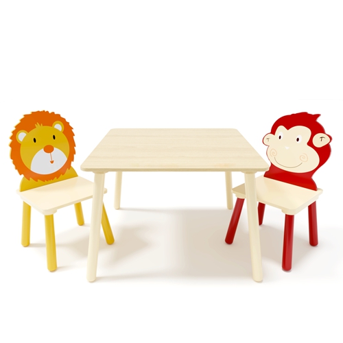 3-Piece Kids Wooden Table and Chair Set, Lion & Monkey Cartoon Themed Toddler Activity Play Table with 2 Chairs, Solid Wood & MDF Children Furniture f