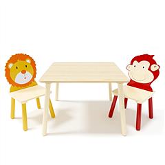 3-Piece Kids Wooden Table and Chair Set, Lion & Monkey Cartoon Themed Toddler Activity Play Table with 2 Chairs, Solid Wood & MDF Children Furniture f