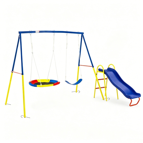 3 in 1 Swing Set with Slide for Backyard, Outdoor Playground Set with 33 Inch Saucer Swing, Belt Swing and Kids Slide, Heavy Duty A-Frame Steel Swing 