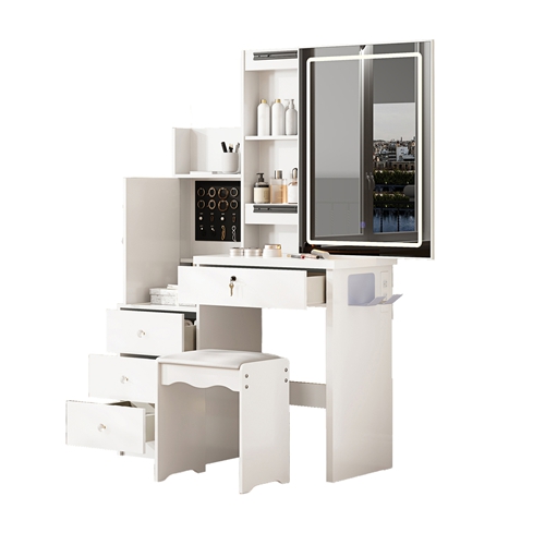 White Vanity Desk Set with Sliding LED Lighted Mirror & Padded Stool, Smart Makeup Dressing Table with Built-in Power Station for Bedroom