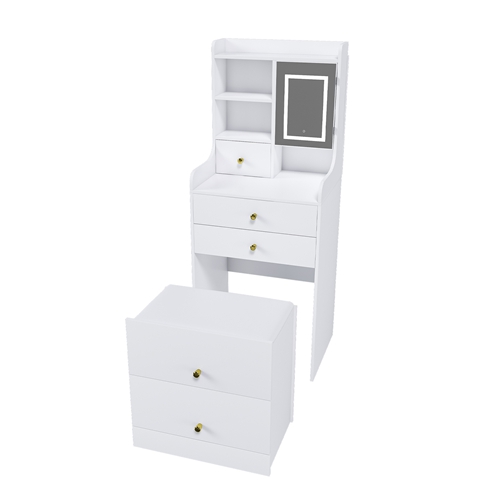 3 In 1 White Vanity Desk Set with LED Light Mirror & Hidden Storage Stool, Compact Multi-Functional Makeup Dressing Table for Bedroom