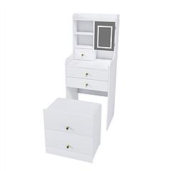 3 In 1 White Vanity Desk Set with LED Light Mirror & Hidden Storage Stool, Compact Multi-Functional Makeup Dressing Table for Bedroom