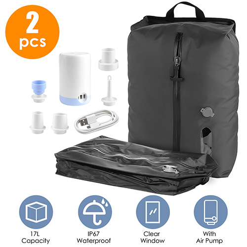 2Pcs 17L Vacuum Bags with Pump Clear Window Handle IP67 Waterproof TPU Vacuum Packing Cubes Travel Vacuum Seal Bags Packing Organizers for Clothing Lu