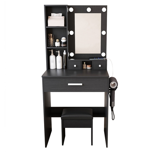 Vanity Desk Set with LED Lighted Mirror, Padded Stool, Power Outlet & Hair Dryer Holder, Compact Makeup Vanity for Small Bedroom