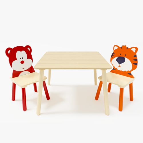 3-Piece Kids Wooden Table and Chair Set, Bear & Tiger Cartoon Themed Toddler Activity Play Table with 2 Chairs, Solid Wood & MDF Children Furniture fo