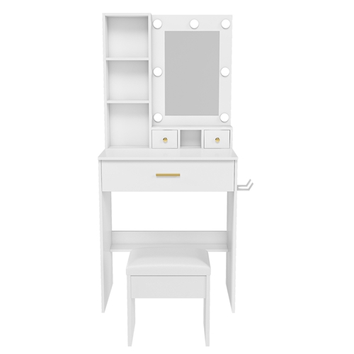 Vanity Desk Set with LED Lighted Mirror, Padded Stool, Power Outlet & Hair Dryer Holder, Compact Makeup Vanity for Small Bedroom