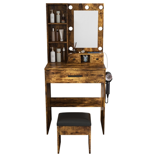 Vanity Desk Set with LED Lighted Mirror, Padded Stool, Power Outlet & Hair Dryer Holder, Compact Makeup Vanity for Small Bedroom