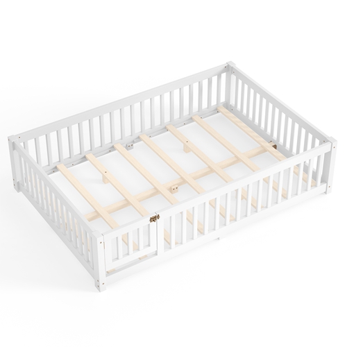 Queen Size Montessori Floor Bed with Safety Guardrails and Lockable Door, Low Profile Wooden Floor Bed Frame for Kids Pine Wood Toddler Bed with Remov