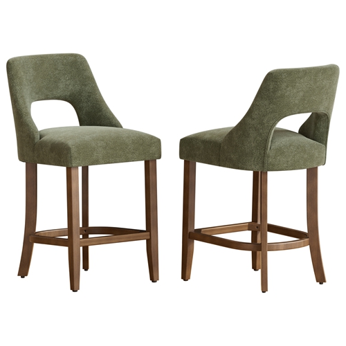 Cutout Back Counter Height Bar Stools Set of 2, Mid Century Chenille Upholstered Kitchen Island Stools with Solid Rubberwood Legs