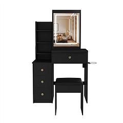 Modern Vanity Desk Set Makeup Dressing Table with Stool, Lighted Mirror, 4 Drawers, Open Storage Shelves, Power Outlet