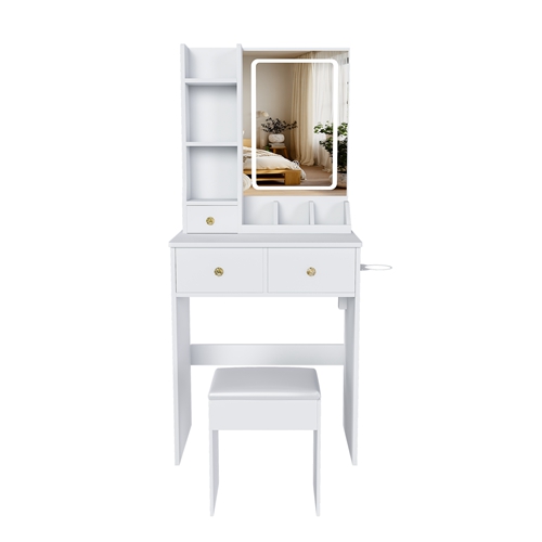 Vanity Desk Set Makeup Dressing Table with Stool, Lighted Mirror, 3 Drawers, 3 Open Shelves, 3 Open Cubbies, Power Station