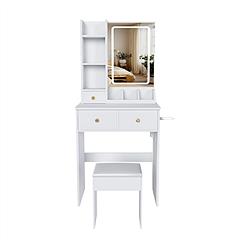 Vanity Desk Set Makeup Dressing Table with Stool, Lighted Mirror, 3 Drawers, 3 Open Shelves, 3 Open Cubbies, Power Station