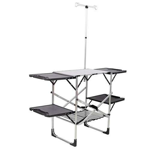 Folding Camping Kitchen Table with Lamp Post, Portable Outdoor Cooking Station with Heat Resistant Top, 4 Side Tables & Lower Storage Rack for Picnic,