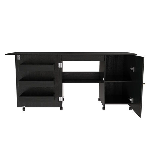 57.5" Foldable Sewing Machine Craft Station Table with Locking Casters, Multi-Storage Sewing Cabinet with Drawers, Open Shelf & Cabinet, Multi-Functio