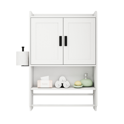 Bathroom Wall Cabinet with Doors, Adjustable Shelf, Towel Bar & Toilet Paper Holder, Wall Mounted Medicine Cabinet with Open Shelf, Over Toilet Storag