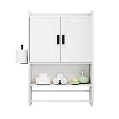 Bathroom Wall Cabinet with Doors, Adjustable Shelf, Towel Bar & Toilet Paper Holder, Wall Mounted Medicine Cabinet with Open Shelf, Over Toilet Storag