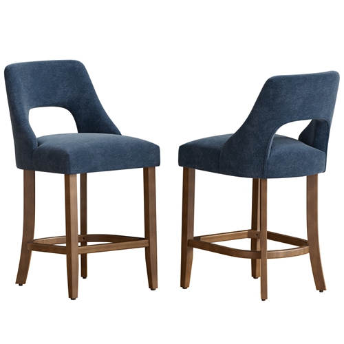 Cutout Back Counter Height Bar Stools Set of 2, Mid Century Chenille Upholstered Kitchen Island Stools with Solid Rubberwood Legs