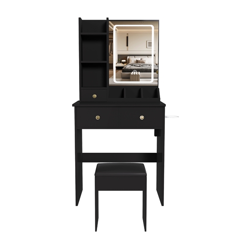 Vanity Desk Set Makeup Dressing Table with Stool, Lighted Mirror, 3 Drawers, 3 Open Shelves, 3 Open Cubbies, Power Station