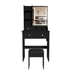 Vanity Desk Set Makeup Dressing Table with Stool, Lighted Mirror, 3 Drawers, 3 Open Shelves, 3 Open Cubbies, Power Station