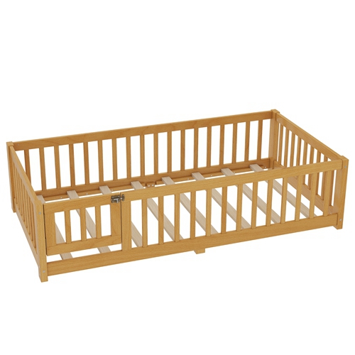 Twin Size Montessori Floor Bed with Safety Guardrails and Lockable Door, Low Profile Wooden Floor Bed Frame for Kids Pine Wood Toddler Bed with Remova