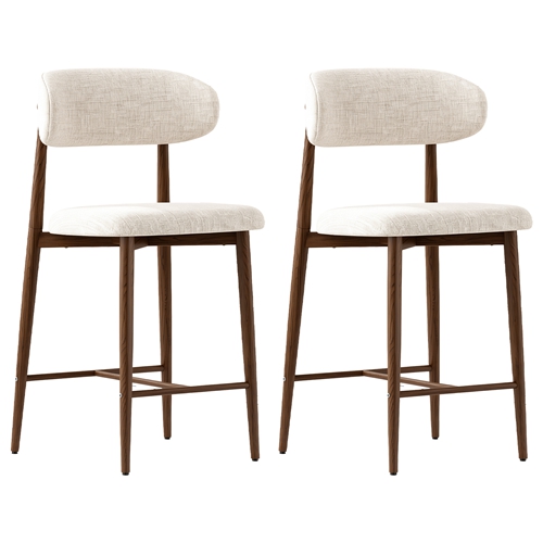 Set of 2 Modern Counter Height Bar Stools, Upholstered Linen Counter Stools with Curved Backrest Metal Legs for Kitchen Island