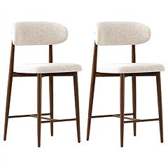 Set of 2 Modern Counter Height Bar Stools, Upholstered Linen Counter Stools with Curved Backrest Metal Legs for Kitchen Island