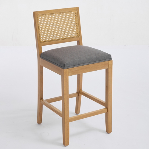 Set of 2 Full Solid Rubberwood Rattan Back Bar Stools, Matte Linen Upholstered Counter Height Stools with S-Spring Cushion, Rustic Natural Counter Cha
