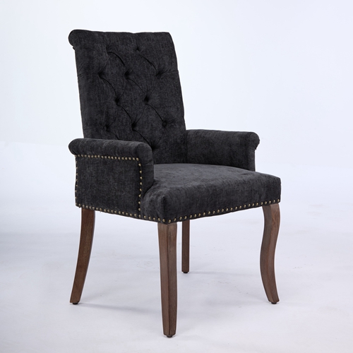 Upholstered Chenille Fabric Tufted Arm Dining Chair, Curved Solid Rubberwood Legs, Elegant Nailhead Trim Accent Chair for Dining Room Living Room & Of