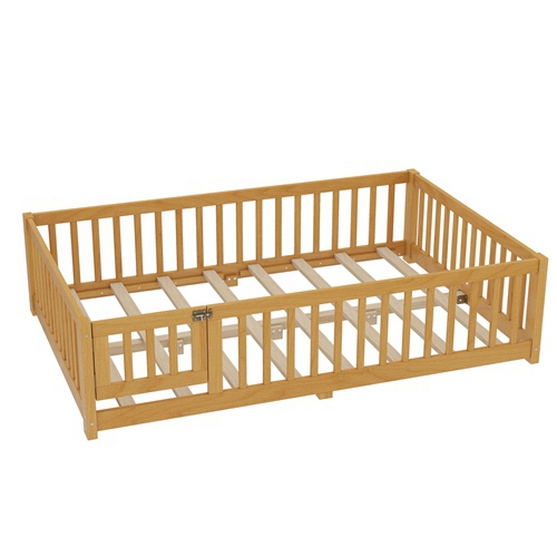 Full Size Montessori Floor Bed with Safety Guardrails and Lockable Door, Low Profile Wooden Floor Bed Frame for Kids Pine Wood Toddler Bed with Remova