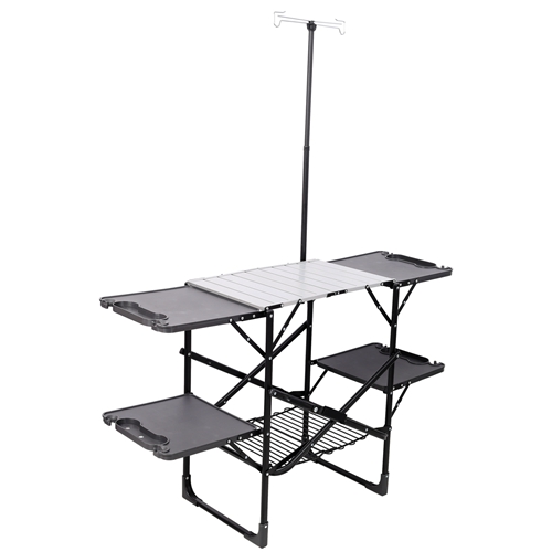Folding Camping Kitchen Table with Lamp Post, Portable Outdoor Cooking Station with Heat Resistant Top, 4 Side Tables & Lower Storage Rack for Picnic,