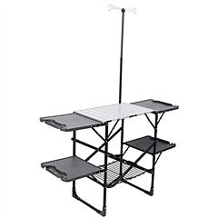 Folding Camping Kitchen Table with Lamp Post, Portable Outdoor Cooking Station with Heat Resistant Top, 4 Side Tables & Lower Storage Rack for Picnic,