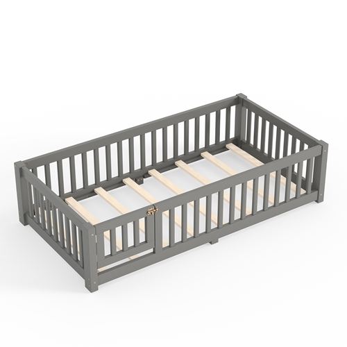 Twin Size Montessori Floor Bed with Safety Guardrails and Lockable Door, Low Profile Wooden Floor Bed Frame for Kids Pine Wood Toddler Bed with Remova