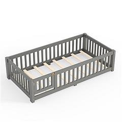 Twin Size Montessori Floor Bed with Safety Guardrails and Lockable Door, Low Profile Wooden Floor Bed Frame for Kids Pine Wood Toddler Bed with Remova