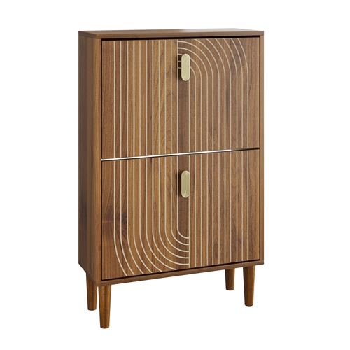 Forbidden to Sell on Amazon Line Groove Narrow Shoe Storage Cabinet with 2 Flip Drawers, Freestanding Slim Shoe Rack with Gold Metal Handles for Entry