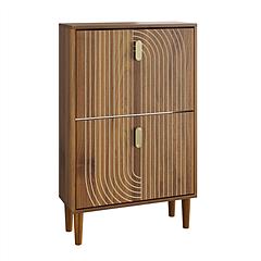 Forbidden to Sell on Amazon Line Groove Narrow Shoe Storage Cabinet with 2 Flip Drawers, Freestanding Slim Shoe Rack with Gold Metal Handles for Entry