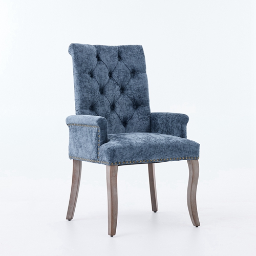 Upholstered Chenille Fabric Tufted Arm Dining Chair, Curved Solid Rubberwood Legs, Elegant Nailhead Trim Accent Chair for Dining Room Living Room & Of