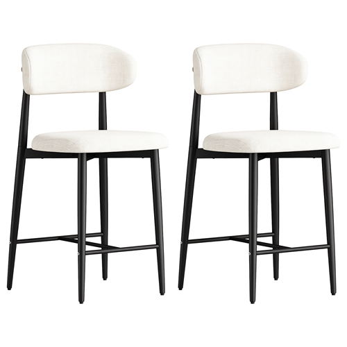 Set of 2 Modern Counter Height Bar Stools, Upholstered Linen Counter Stools with Curved Backrest Metal Legs for Kitchen Island