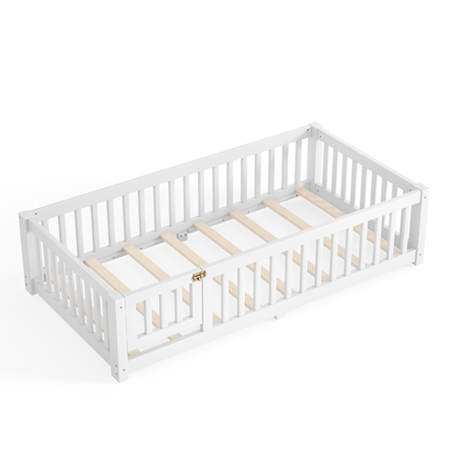 Twin Size Montessori Floor Bed with Safety Guardrails and Lockable Door, Low Profile Wooden Floor Bed Frame for Kids Pine Wood Toddler Bed with Remova