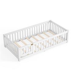 Twin Size Montessori Floor Bed with Safety Guardrails and Lockable Door, Low Profile Wooden Floor Bed Frame for Kids Pine Wood Toddler Bed with Remova