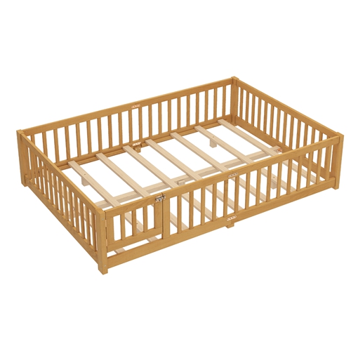Queen Size Montessori Floor Bed with Safety Guardrails and Lockable Door, Low Profile Wooden Floor Bed Frame for Kids Pine Wood Toddler Bed with Remov