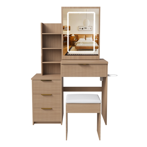 Vanity Desk Set Makeup Dressing Table with Stool, Lighted Mirror, 4 Drawers, Open Storage Shelves, Power Station