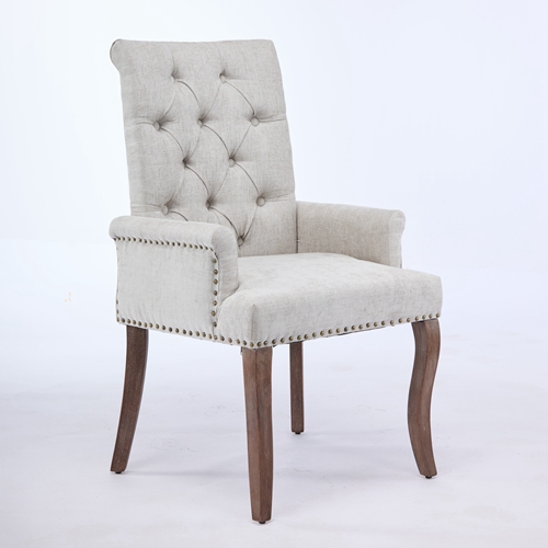 Upholstered Chenille Fabric Tufted Arm Dining Chair, Curved Solid Rubberwood Legs, Elegant Nailhead Trim Accent Chair for Dining Room Living Room & Of