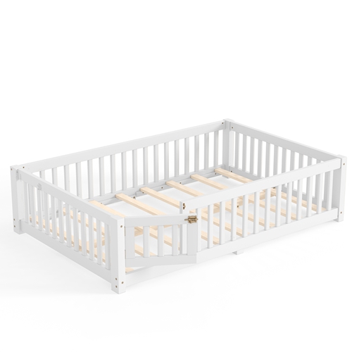 Full Size Montessori Floor Bed with Safety Guardrails and Lockable Door, Low Profile Wooden Floor Bed Frame for Kids Pine Wood Toddler Bed with Remova