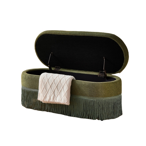 39.4" Oval Upholstered Storage Ottoman with Fringe Trim, Lift Top Storage Bench with Hidden Compartment for Bedroom & Entryway